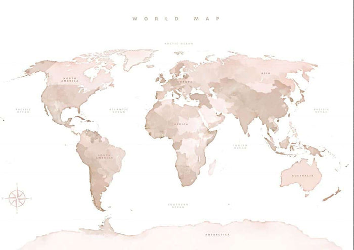 Beige world map poster with country names in soft pastel tones, minimalist design for wall decor.