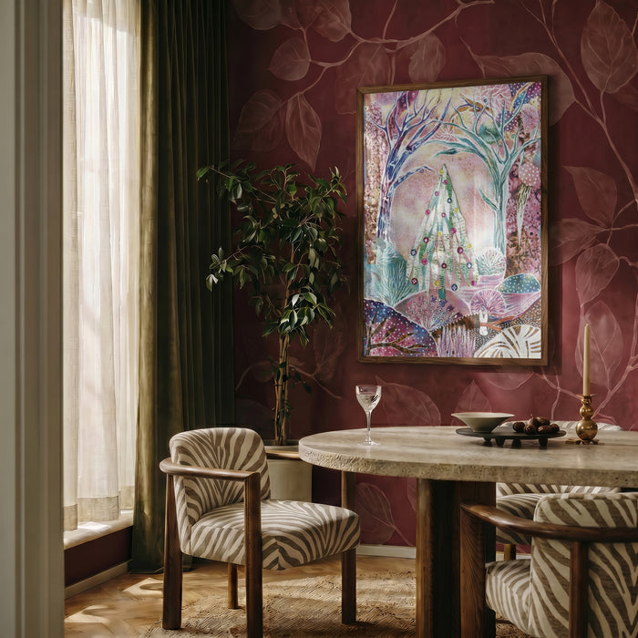 Believe in Magic by Enikő Marosváry-Kramcsák framed on a deep red patterned wall