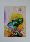 Betelgeuse by Alice Ruja — a bowed woman with golden glitter hair and a green-toned face beneath a radiant red-and-gold star.