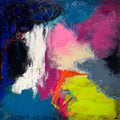 Between Here and Elsewhere I by Laura Notari - abstract of hot pink, neon yellow, navy and teal with a crackled white column
