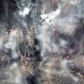 Between The Black and Divine (13) by Ovidiu Kloska - charcoal and silver abstract with bursts of white light and copper flecks