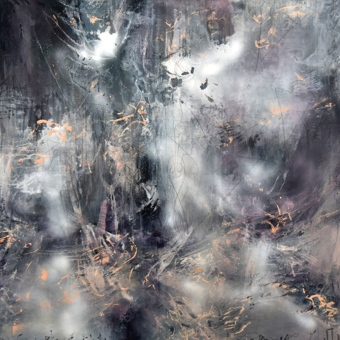 Between The Black and Divine (13) by Ovidiu Kloska - charcoal and silver abstract with bursts of white light and copper flecks