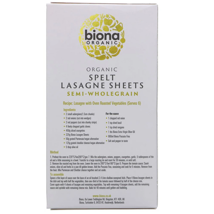 Biona Organic Spelt Lasagne Pasta 250g