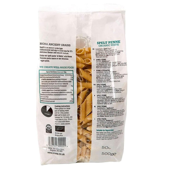 Biona Organic Spelt Penne - White Pasta - 500g