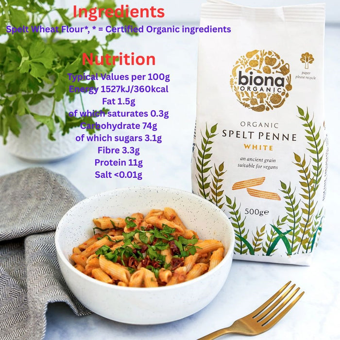 Biona Organic Spelt Penne - White Pasta - 500g