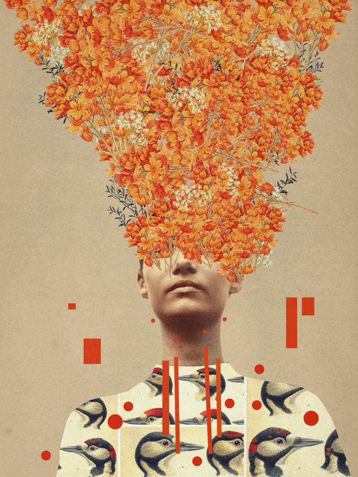 Surreal art of a person with orange autumn flowers for hair, wearing a shirt patterned with birds.
