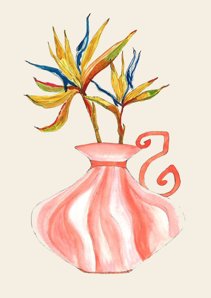 Bird of paradise by Marjorie Salvagni - yellow and blue tropical blooms in a coral striped vase