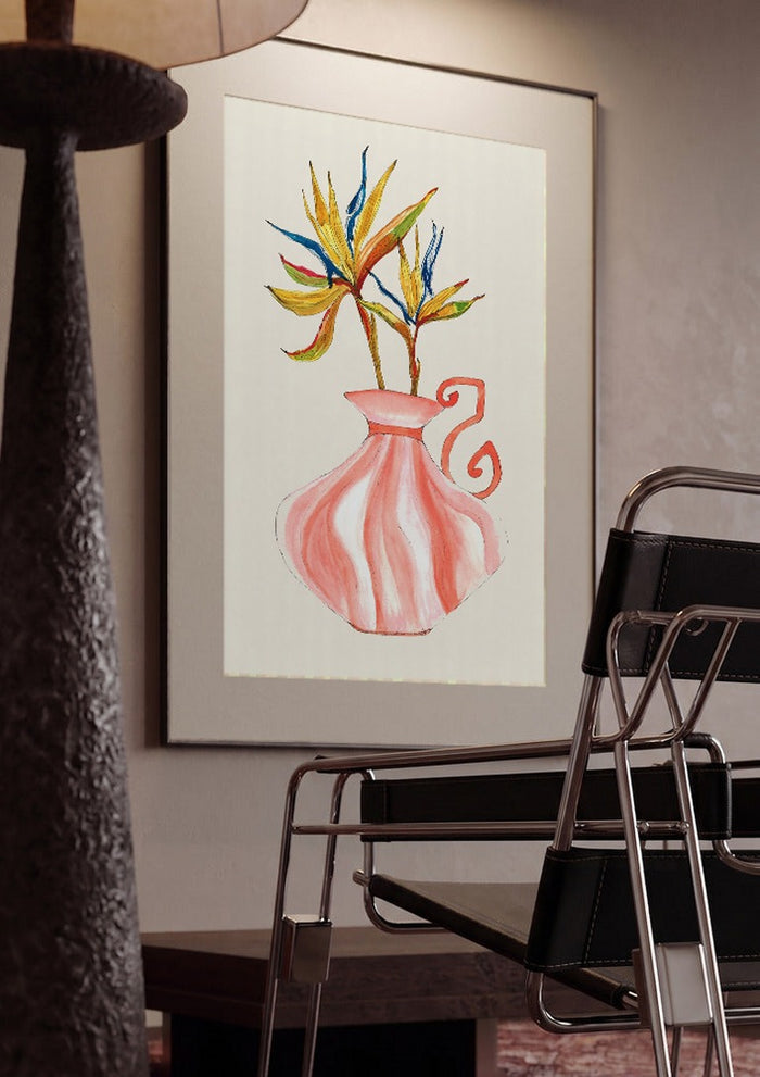 Bird of paradise by Marjorie Salvagni framed in a dim room beside a tubular steel chair