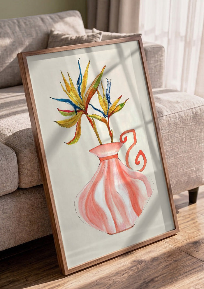 Bird of paradise by Marjorie Salvagni in a walnut frame leaning against a grey sofa