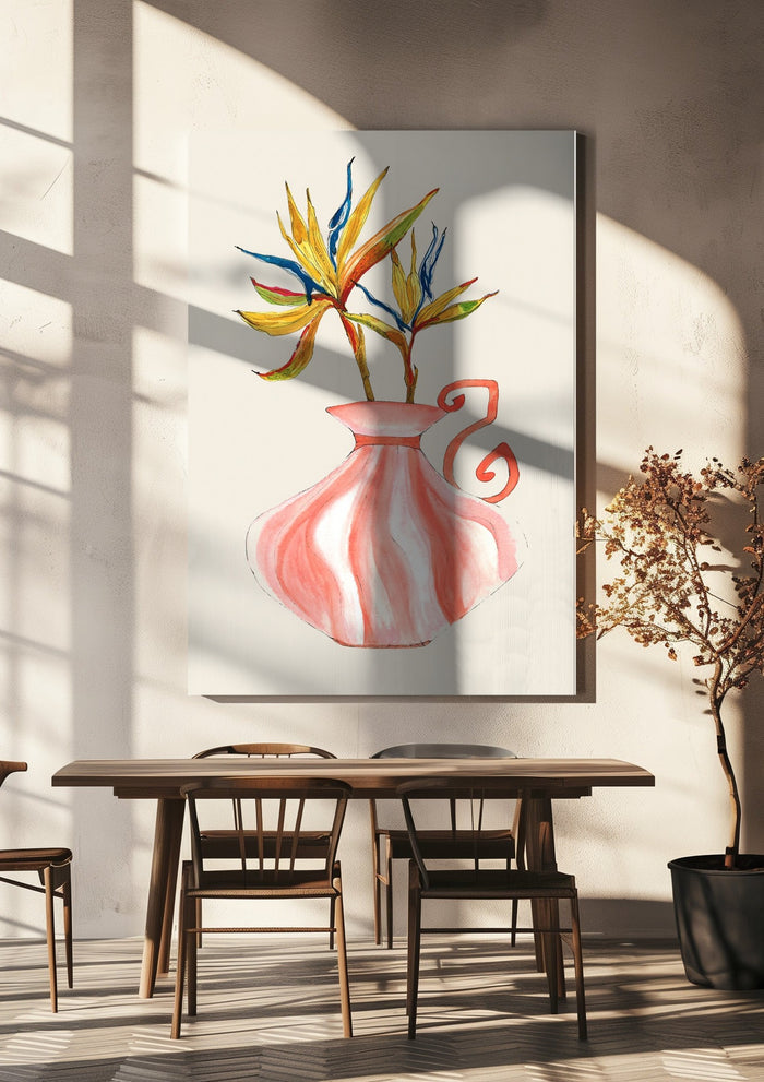 Bird of paradise by Marjorie Salvagni hanging above a wooden dining table in warm sunlight