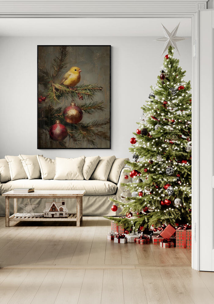 Framed Bird on a Tree artwork displayed above a beige sofa next to a decorated Christmas tree.