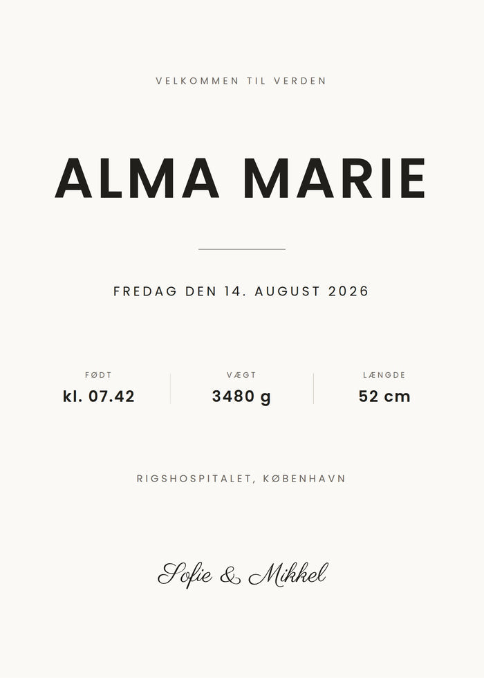 Birth poster, Classic style on Paper — name, date, time, weight and length