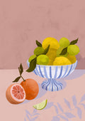 Illustration of a striped bowl with lemons and limes, next to sliced grapefruit and lime on a pink surface.