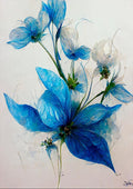 Art print of delicate blue flowers on a white background, Blå Blomst 1 by Winnie Møller.