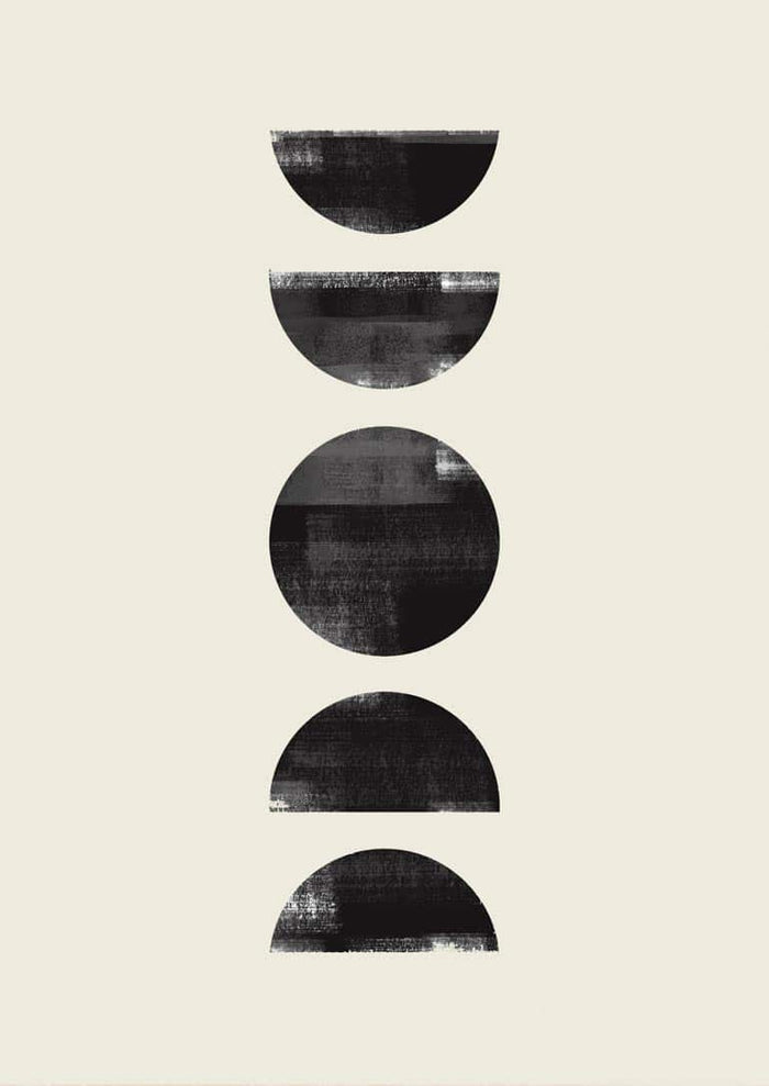 Minimalist Black Circles Plakat featuring five textured black geometric shapes on a light background.