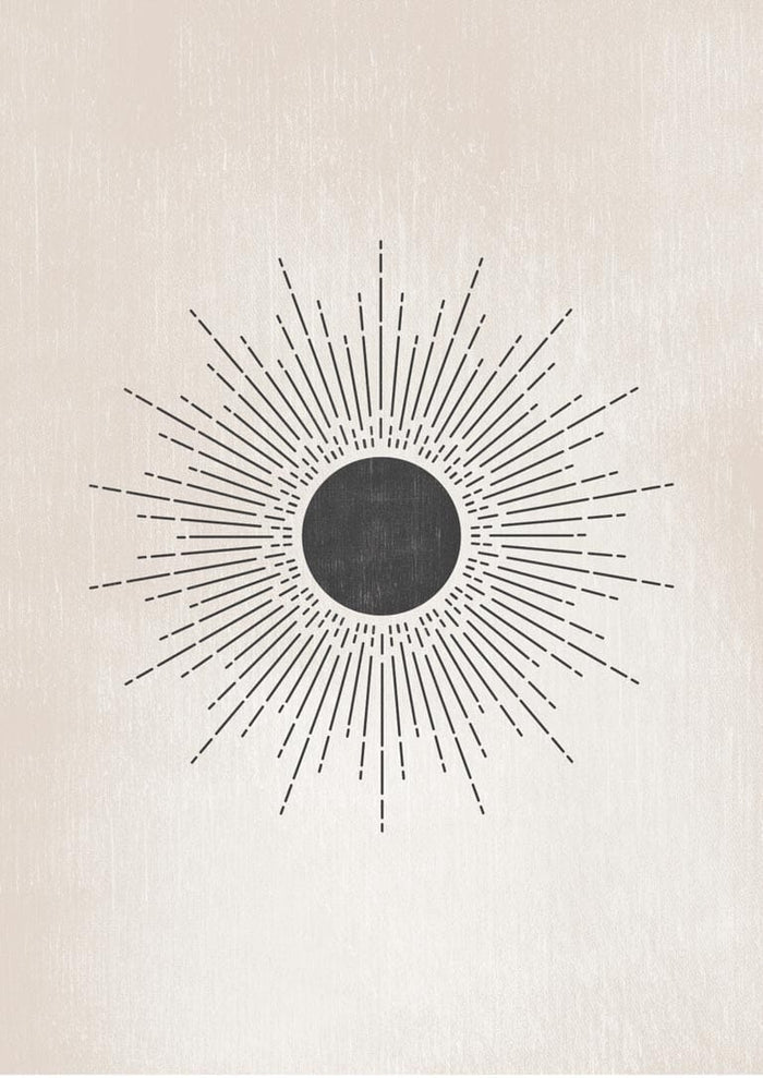 Minimalist Black Sun Plakat with a dark circle and radiating linear rays on a light textured background.