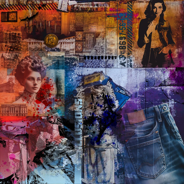 Blue jeans & Illusions by Dada - a Victorian woman, a denim jacket and folded jeans across rust and blue
