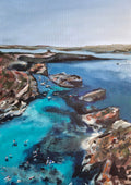 Blue Lagoon by Mariam De Giorgio — an aerial view of a turquoise lagoon with small white boats between rust-brown cliffs.