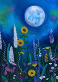 Blue Moon Garden by Art By Biba - sunflowers, lupins and veronica under a pale moon in a deep blue sky