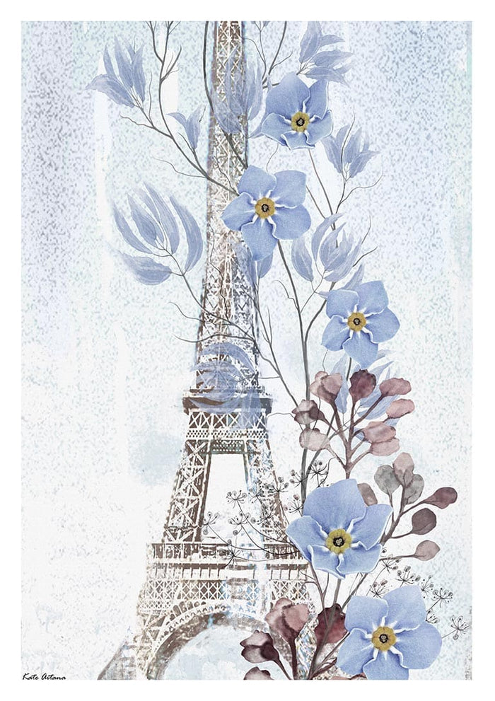 Art print of the Eiffel Tower with blue and purple flowers, inspired by Blue Paris - Kate Aitana.