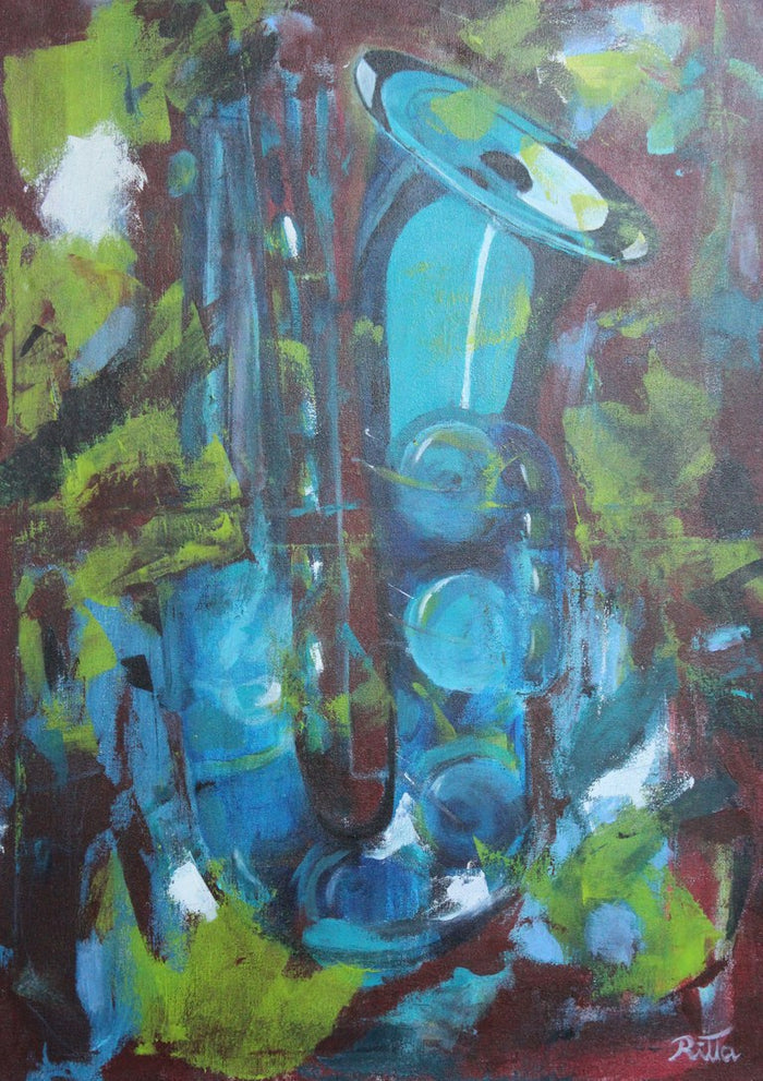 Blue Saxophone by Ritta Henriques Jorge - a turquoise saxophone against a deep maroon ground with lime green and white strokes