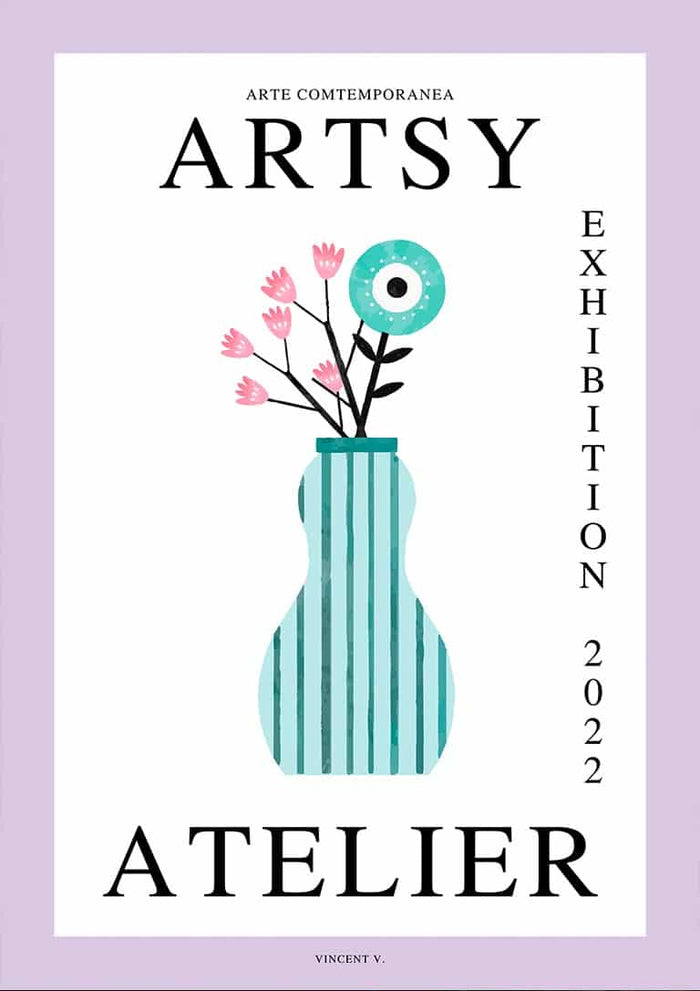 Illustration of a blue striped vase with pink flowers, featured on the Blue Vase - Vincent V. product page.