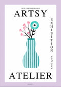 Illustration of a blue striped vase with pink flowers, featured on the Blue Vase - Vincent V. product page.