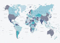 Blue world map poster with countries in various shades of blue on a light background.