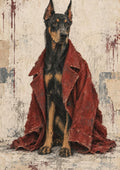 Borrowed Courage by Matthews Gallerie - a Doberman sitting in an oversized red coat against a cracked cream plaster wall