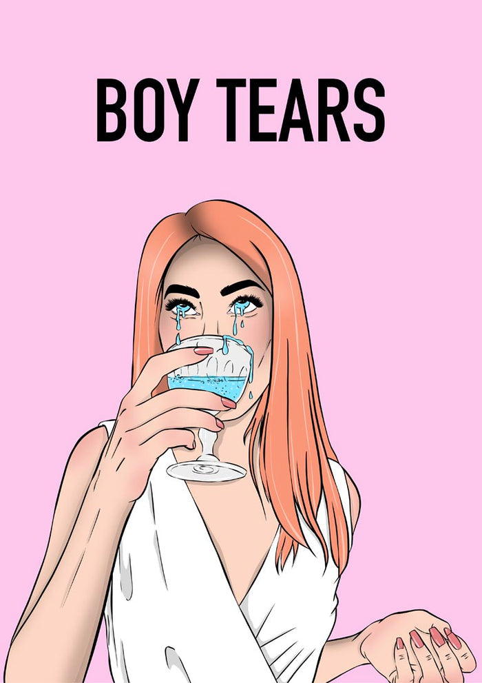 Boy Tears poster by Lisen Vennesland with a woman drinking blue tears from a glass on a pink background