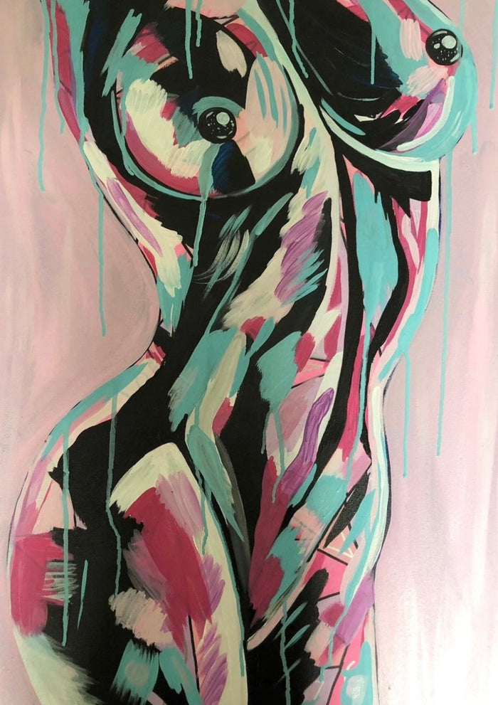 Brushstroke Nude by Art By Biba - a standing figure built from turquoise, pink and cream strokes with drips