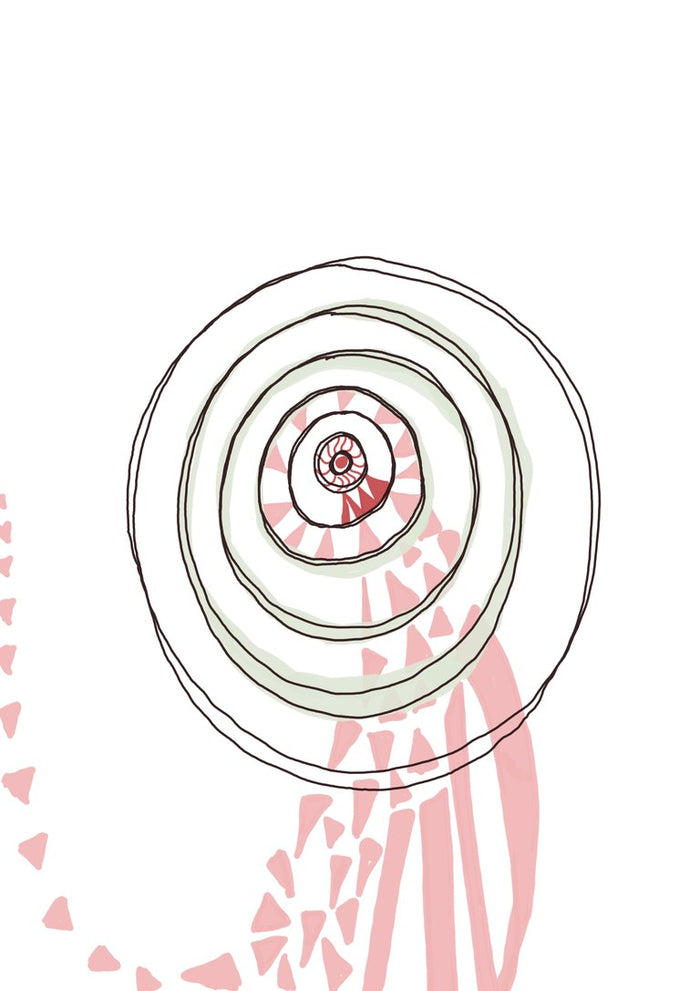 Bug Giant by Miss Maureen - black spiral shell above pale pink triangles on white