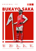 Poster of Bukayo Saka in Arsenal kit holding a corner flag, with his name and career achievements listed.