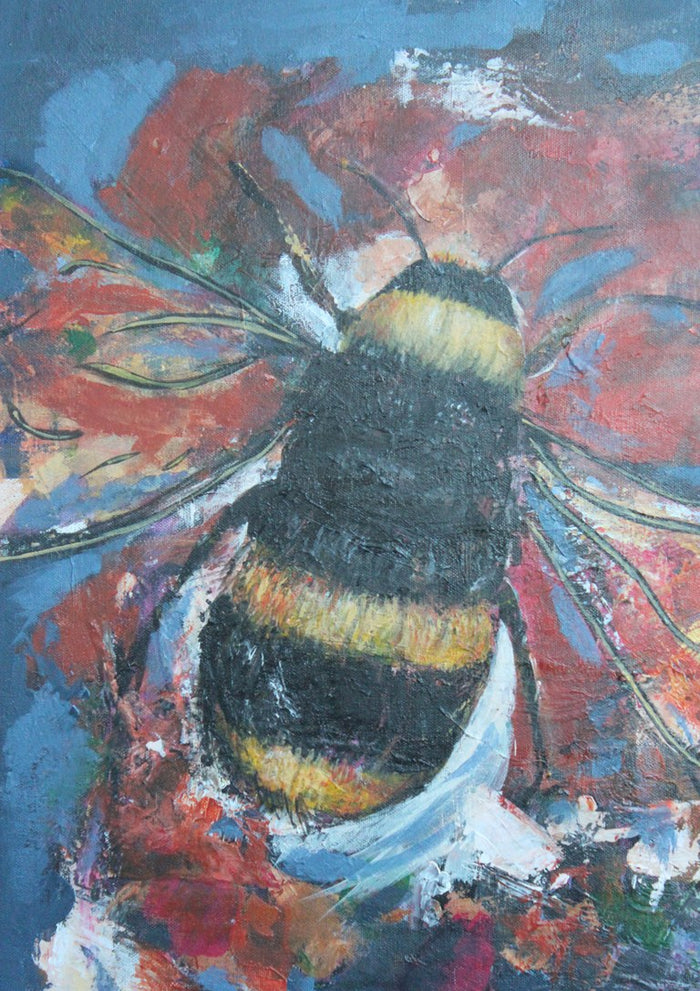 Bumblebee by Ritta Henriques Jorge - a black and yellow bumblebee on a coral red flower against dusty blue