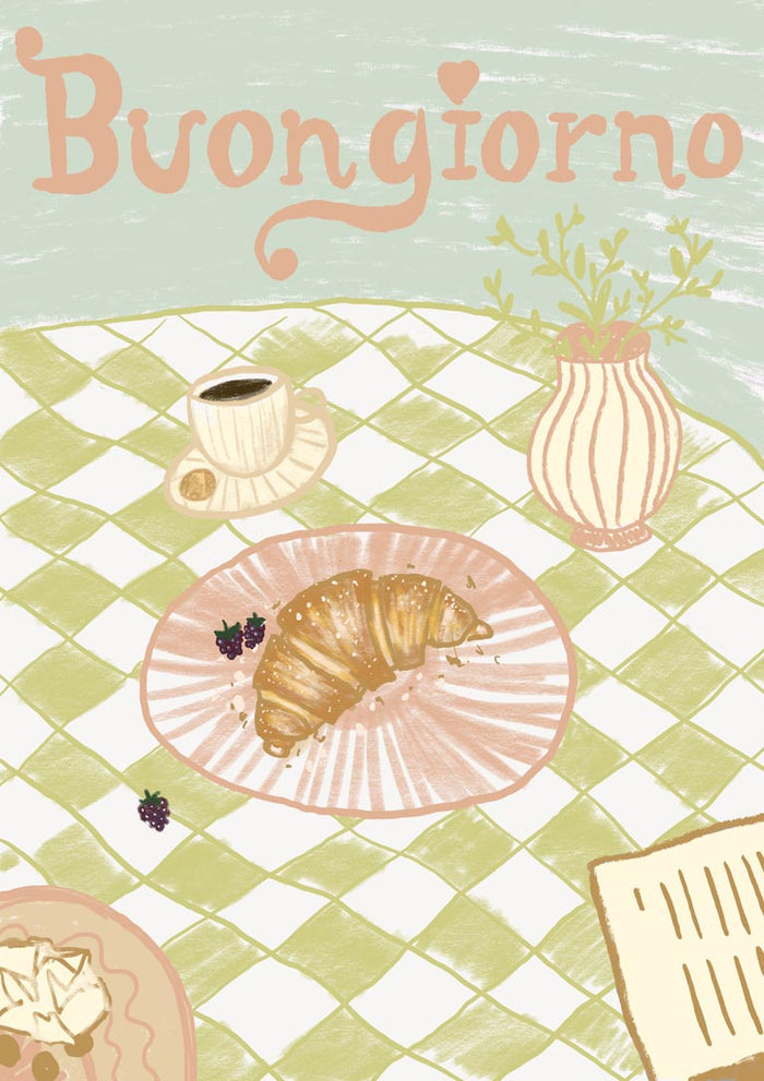 Illustration of a croissant, coffee, and berries on a table with "Buongiorno" written above for the product page.