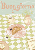 Illustration of a croissant, coffee, and berries on a table with "Buongiorno" written above for the product page.