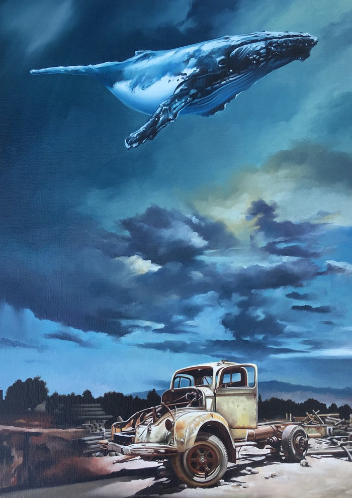California dreaming by Adrian DeDea - humpback whale flying in a stormy sky above an abandoned rusty truck