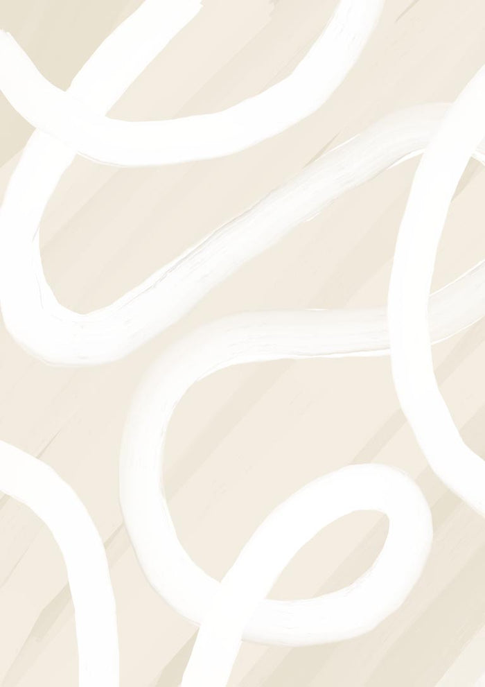 Abstract beige artwork with soft white swirling lines, featured as Calm Gesture by Yuli on the product page.
