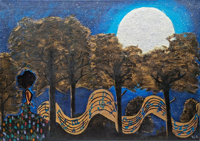 Camino al Baile by Naïve Art by YLR - a woman beside a golden ribbon of sheet music winding through moonlit trees