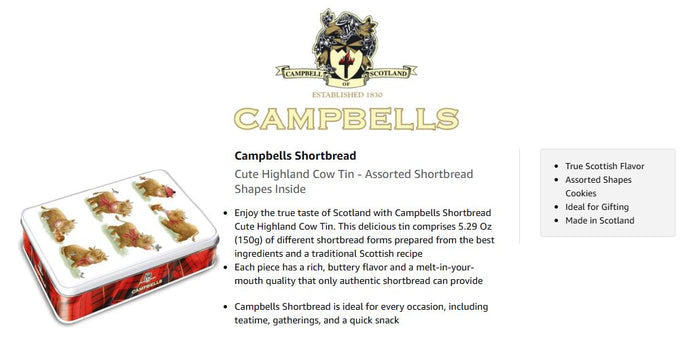 Campbells Shortbread Cute Highland Cow Tin Assorted Shapes 150g