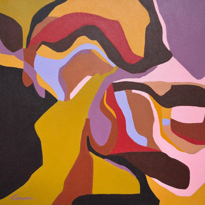 Canyon by Elva Garma - winding abstract forms in mustard yellow, rust brown, crimson and dusty violet