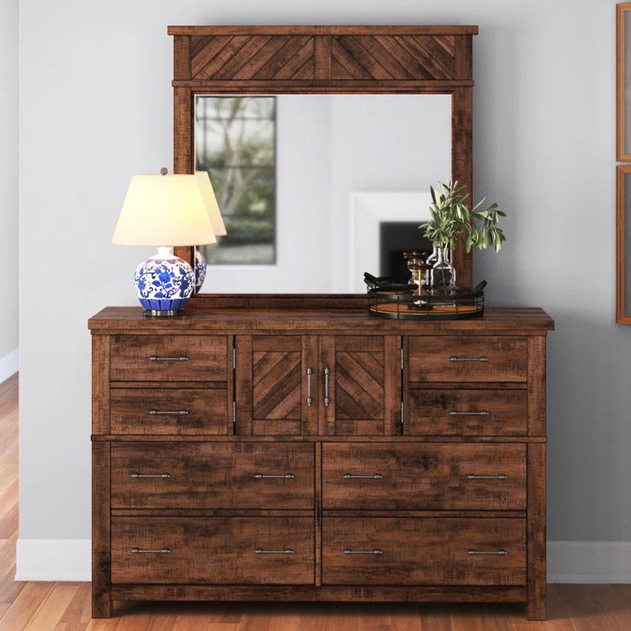 CARRIZO Rustic Cherry 62" x 80" Height Dresser & Mirror with Door Cabinets