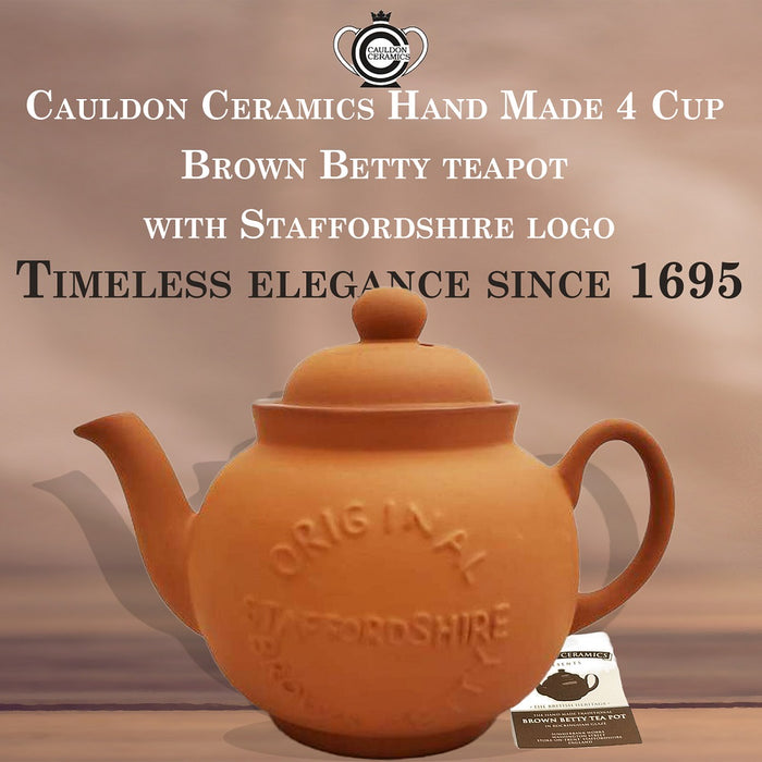 Cauldon Ceramics Traditional Hand Made 4 Cup Terracotta Teapot with Logo | Made with Staffordshire Red Clay