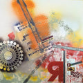 Celebrate by Dada - orange honeycomb spray and printed strips across a white board with a red backwards R
