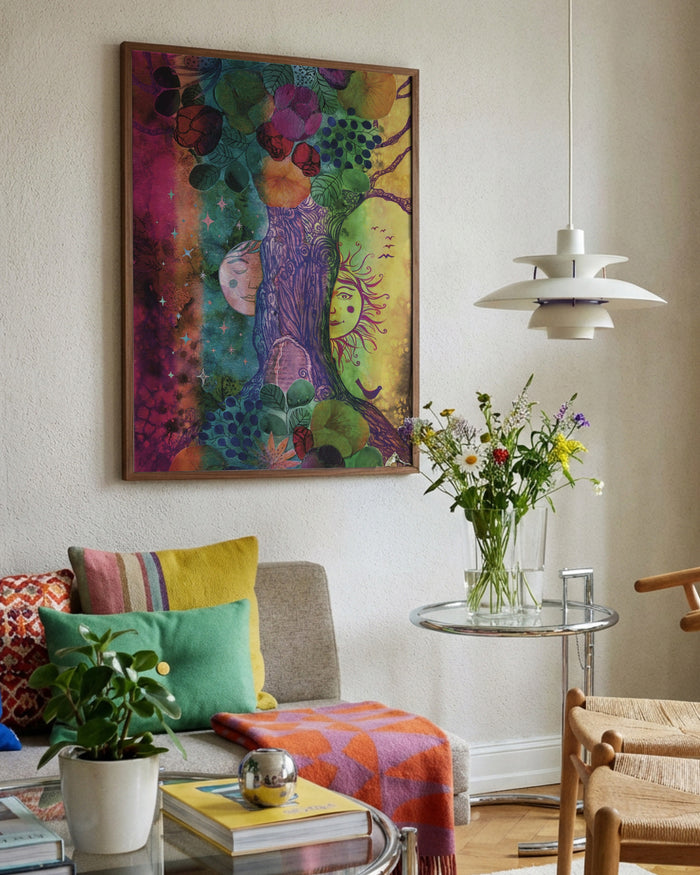 Celestial Cycle by Enikő Marosváry-Kramcsák framed in a bright living room