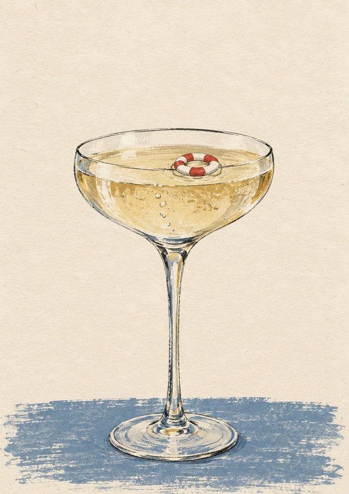 Champagne Emergency by Matthews Gallerie - a tiny red and white lifebuoy floating in a coupe glass of pale gold champagne