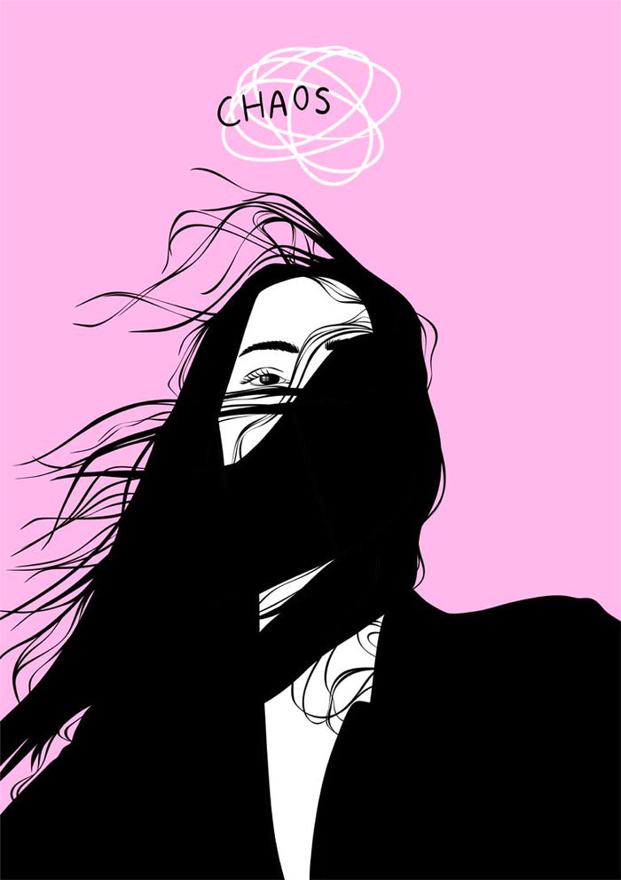 Chaos poster by Lisen Vennesland with a woman whose black hair blows across her face on a pink background