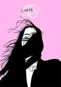 Chaos poster by Lisen Vennesland with a woman whose black hair blows across her face on a pink background