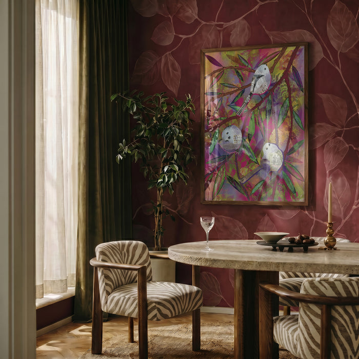 Cheerful Feathers by Enikő Marosváry-Kramcsák framed on a deep red patterned wall