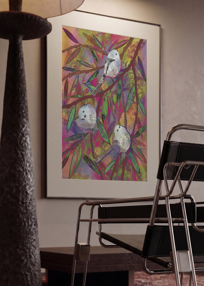 Cheerful Feathers by Enikő Marosváry-Kramcsák in a mounted frame in a modern interior